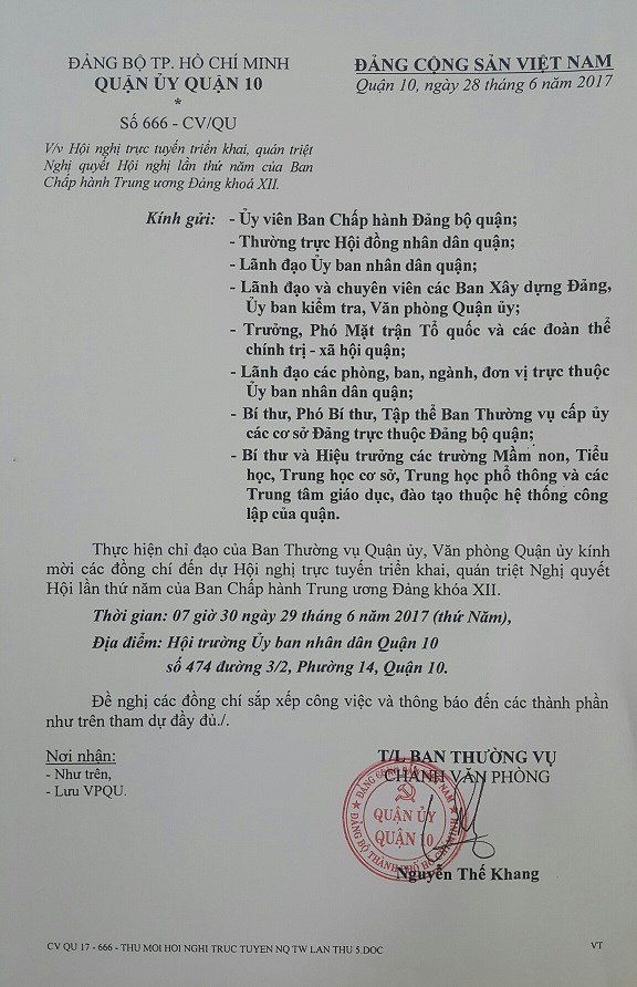 [Khẩn] Thư mời tham dự Hội nghị trực tuyến triển khai, quán triệt Nghị quyết Hội nghị lần thứ năm của Ban chấp hành Trung ương Đảng khóa XII.